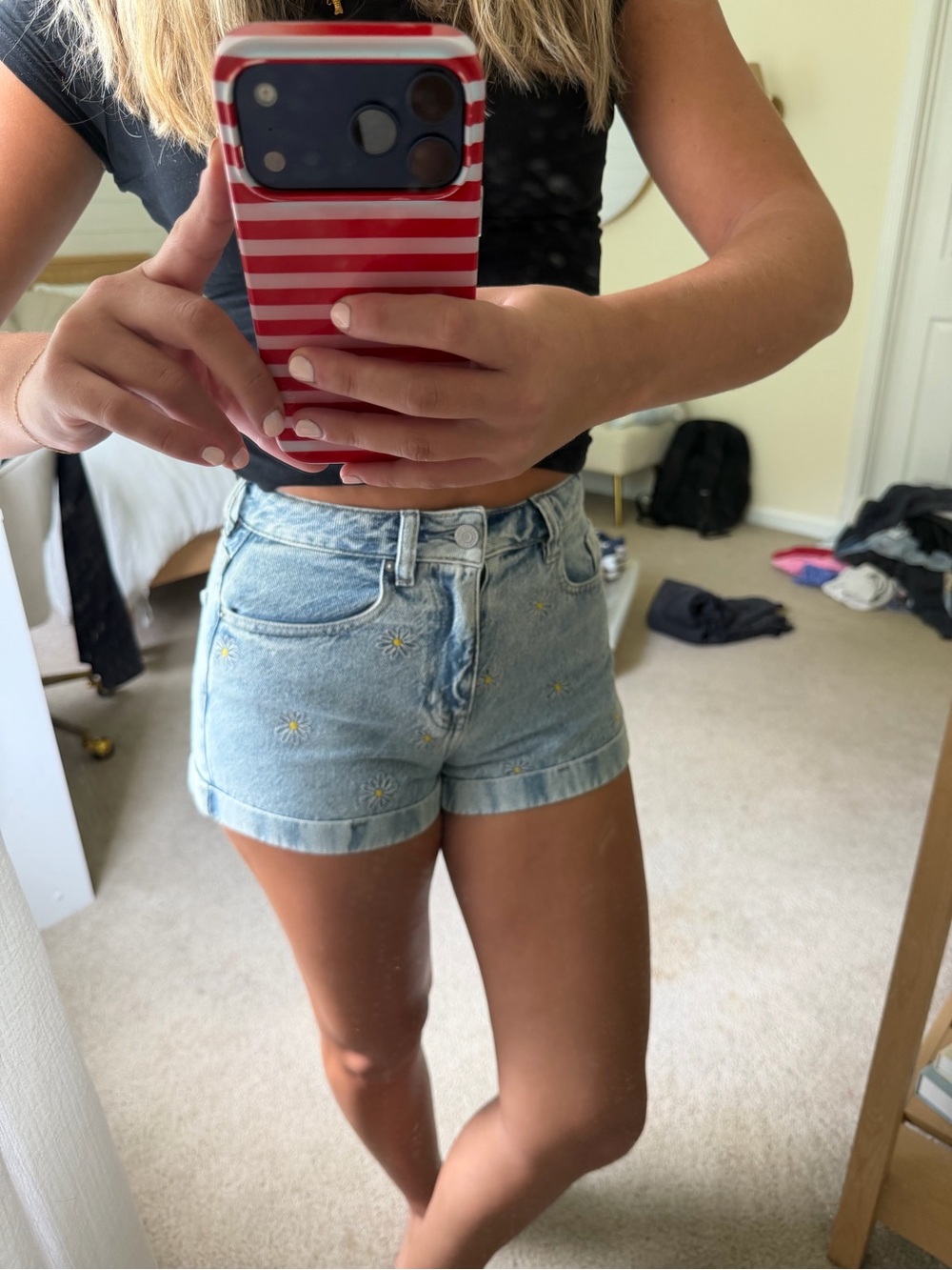 PacSun Light Blue Denim Daisy Embroidered Shorts